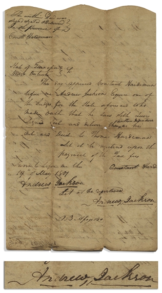 Andrew Jackson Document Signed as Judge of the Tennessee Supreme Court